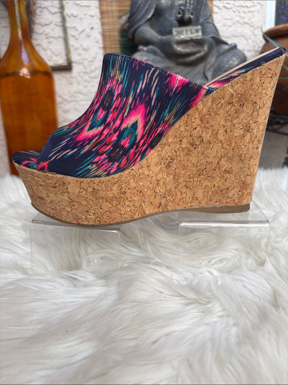 Women’s Cork Wedge Slide Sandal - Pink & Navy Pattern